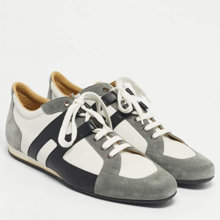 Pre Owned Hermes Grey/White Leather and Suede Tie Break Lace Up Sneakers Size 45.5