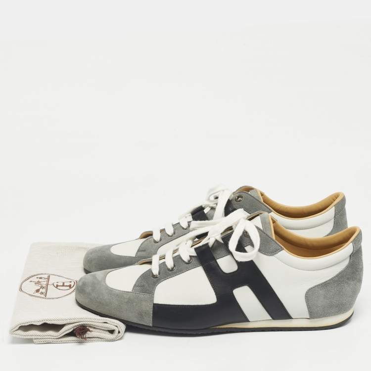 Pre Owned Hermes Grey/White Leather and Suede Tie Break Lace Up Sneakers Size 45.5