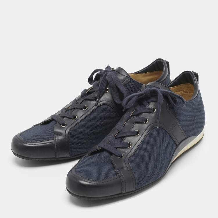 Pre Owned Hermes Navy Blue Denim and Leather Low-Top Sneakers Size 45