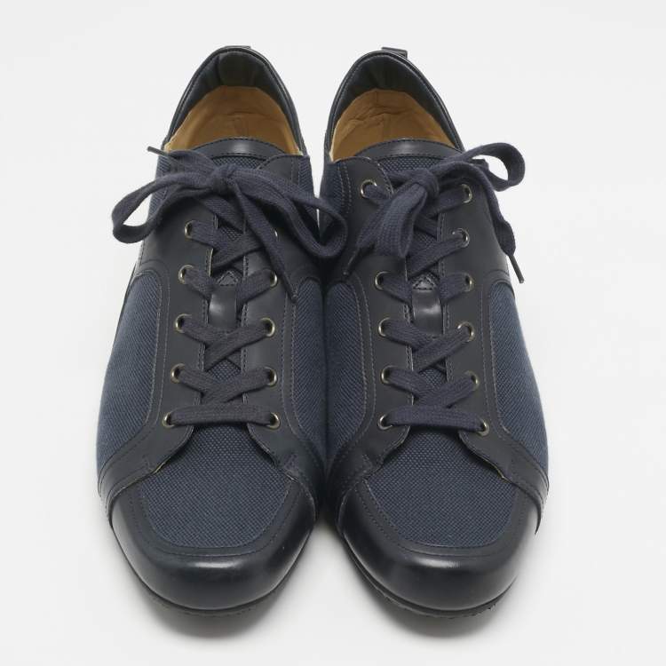 Pre Owned Hermes Navy Blue Denim and Leather Low-Top Sneakers Size 45