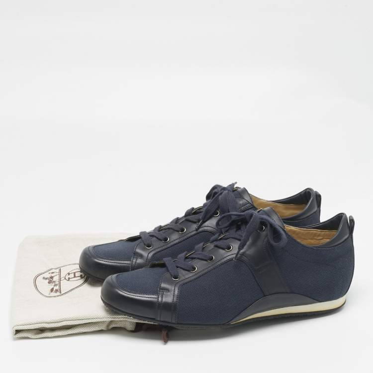 Pre Owned Hermes Navy Blue Denim and Leather Low-Top Sneakers Size 45