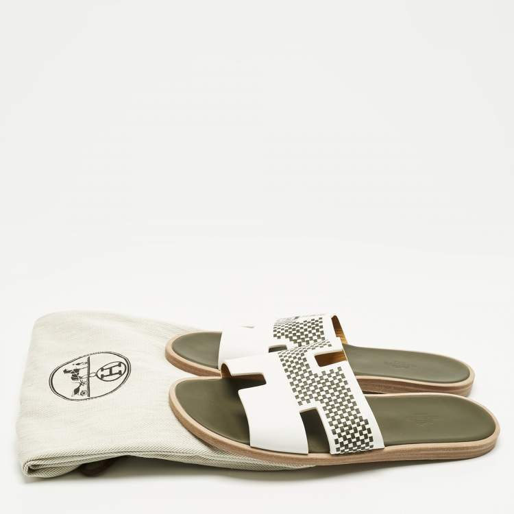 Pre Owned Hermes White/Brown Leather Izmir Flat Slides Size 42