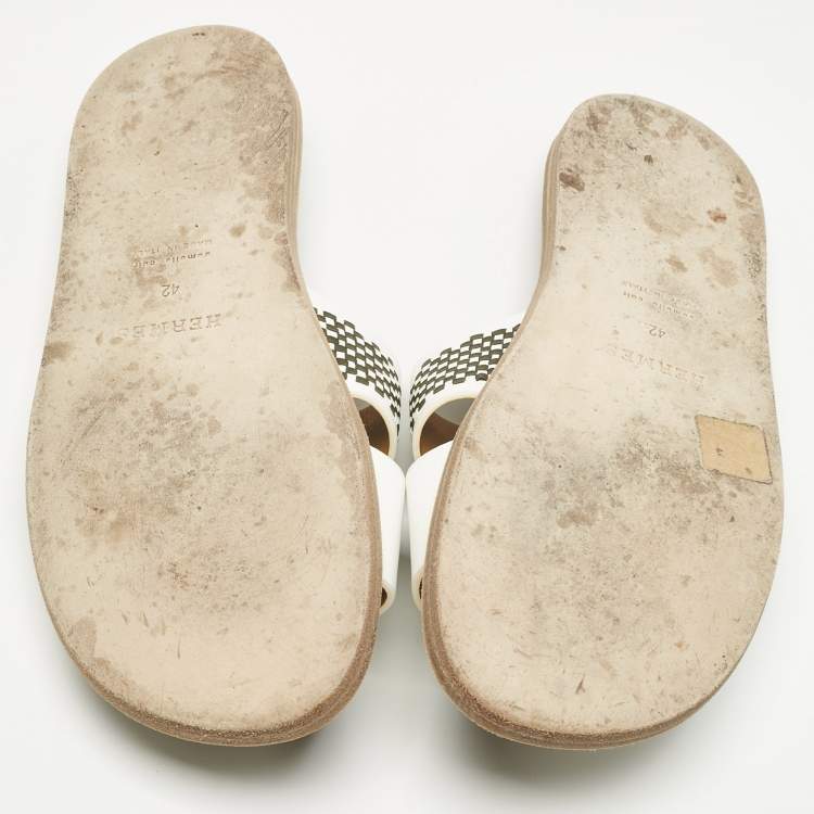 Pre Owned Hermes White/Brown Leather Izmir Flat Slides Size 42