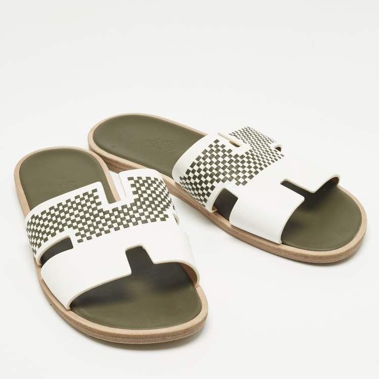 Pre Owned Hermes White/Brown Leather Izmir Flat Slides Size 42
