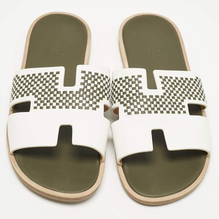 Pre Owned Hermes White/Brown Leather Izmir Flat Slides Size 42