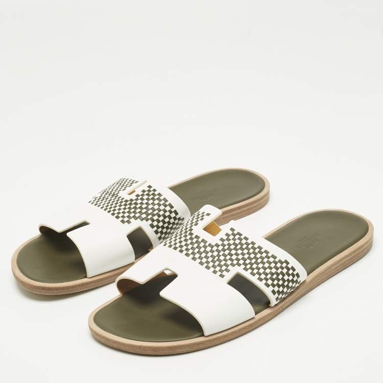 Pre Owned Hermes White/Brown Leather Izmir Flat Slides Size 42