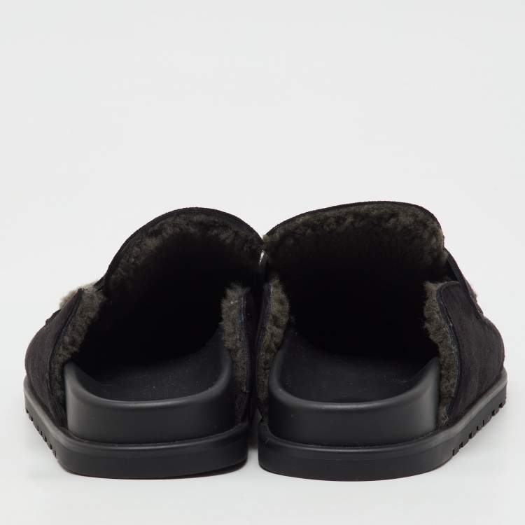Pre Owned Hermès Black/Grey Suede and Shearling Fur Go Mules Size 41