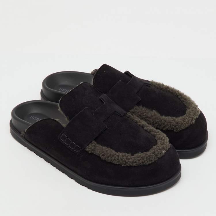 Pre Owned Hermès Black/Grey Suede and Shearling Fur Go Mules Size 41