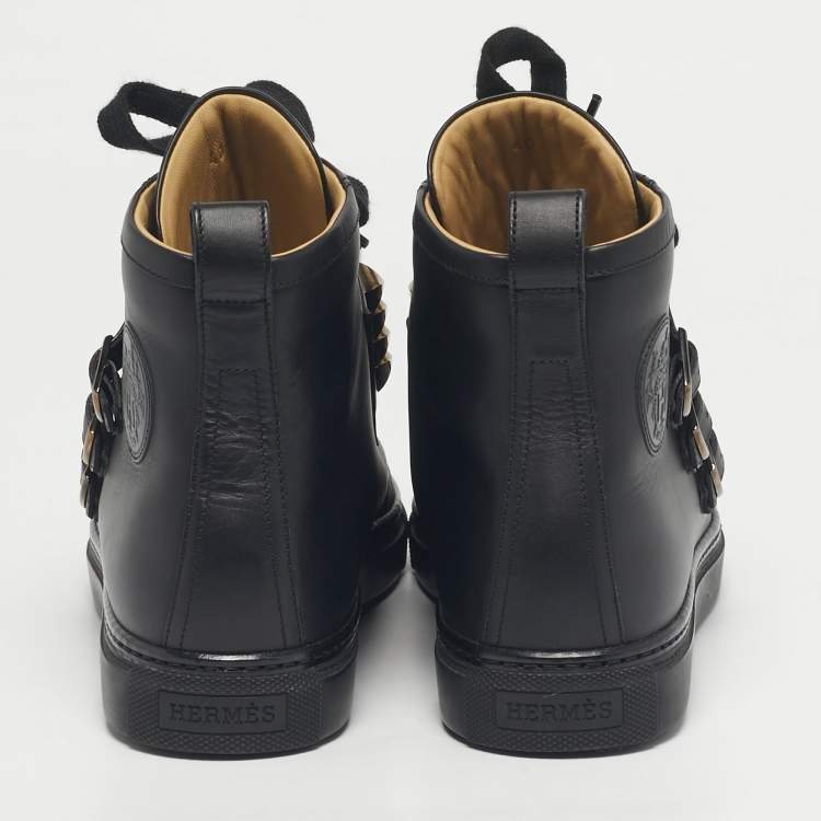 Pre Owned Hermes Black Leather Studded Lennox High Top Sneakers Size 40