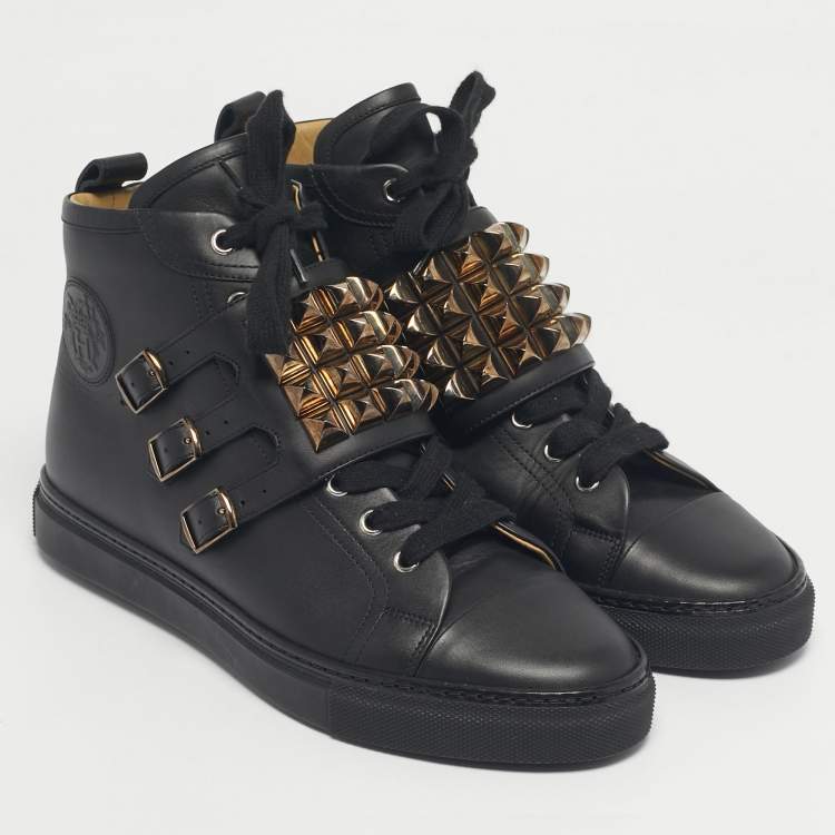 Pre Owned Hermes Black Leather Studded Lennox High Top Sneakers Size 40