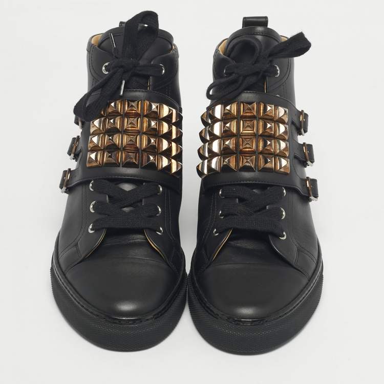 Pre Owned Hermes Black Leather Studded Lennox High Top Sneakers Size 40