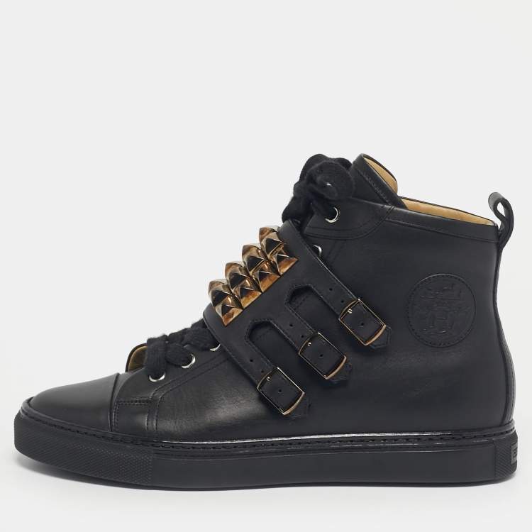 Pre Owned Hermes Black Leather Studded Lennox High Top Sneakers Size 40