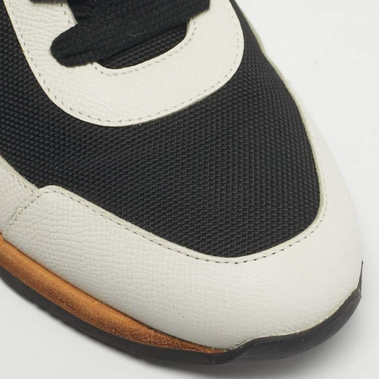 Pre Owned Hermes White/Black Canvas and Leather Tie Break Lace Up Sneakers Size 42