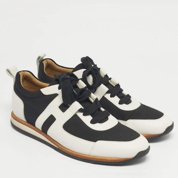 Pre Owned Hermes White/Black Canvas and Leather Tie Break Lace Up Sneakers Size 42