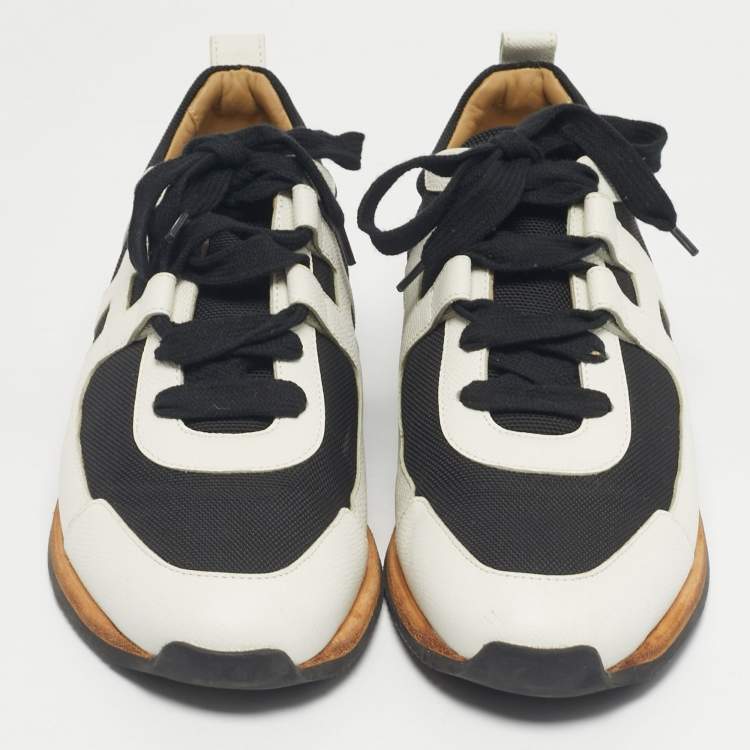 Pre Owned Hermes White/Black Canvas and Leather Tie Break Lace Up Sneakers Size 42