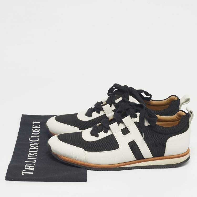 Pre Owned Hermes White/Black Canvas and Leather Tie Break Lace Up Sneakers Size 42