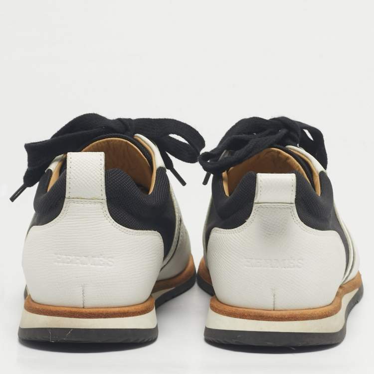 Pre Owned Hermes White/Black Canvas and Leather Tie Break Lace Up Sneakers Size 42