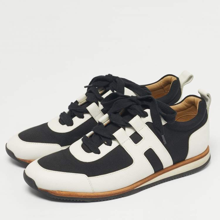 Pre Owned Hermes White/Black Canvas and Leather Tie Break Lace Up Sneakers Size 42