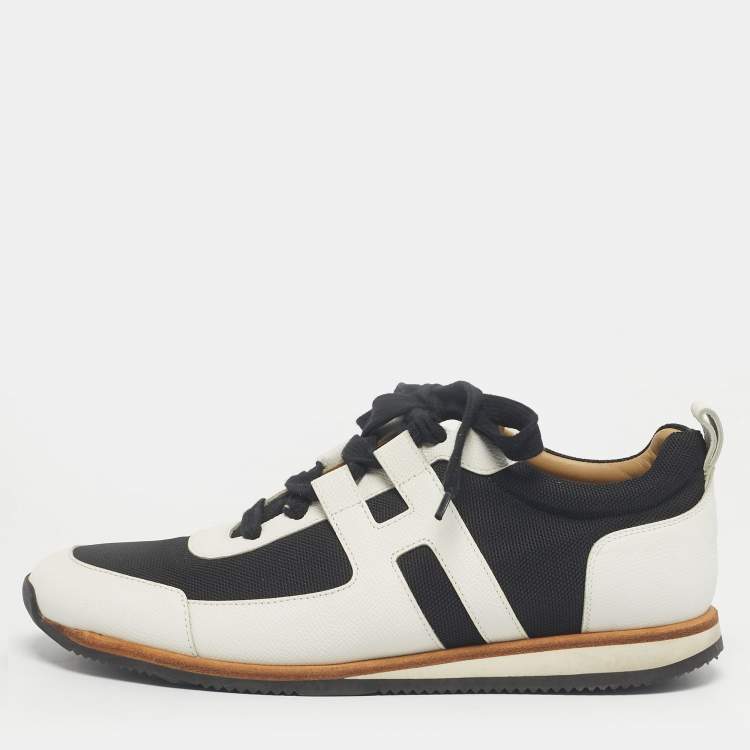 Pre Owned Hermes White/Black Canvas and Leather Tie Break Lace Up Sneakers Size 42