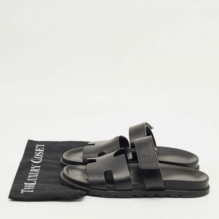 مملوكة مسبقًا Hermes Black Leather Chypre Sandals Size 41.5