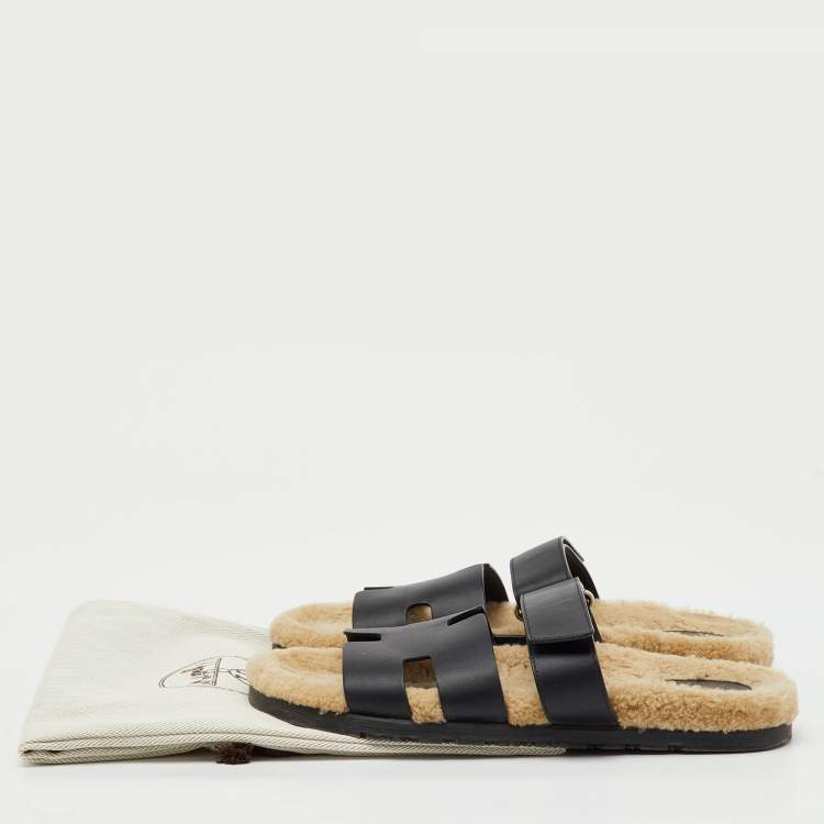Pre Owned Hermes Black Leather Chypre Shearling Fur Flat Sandals Size 43