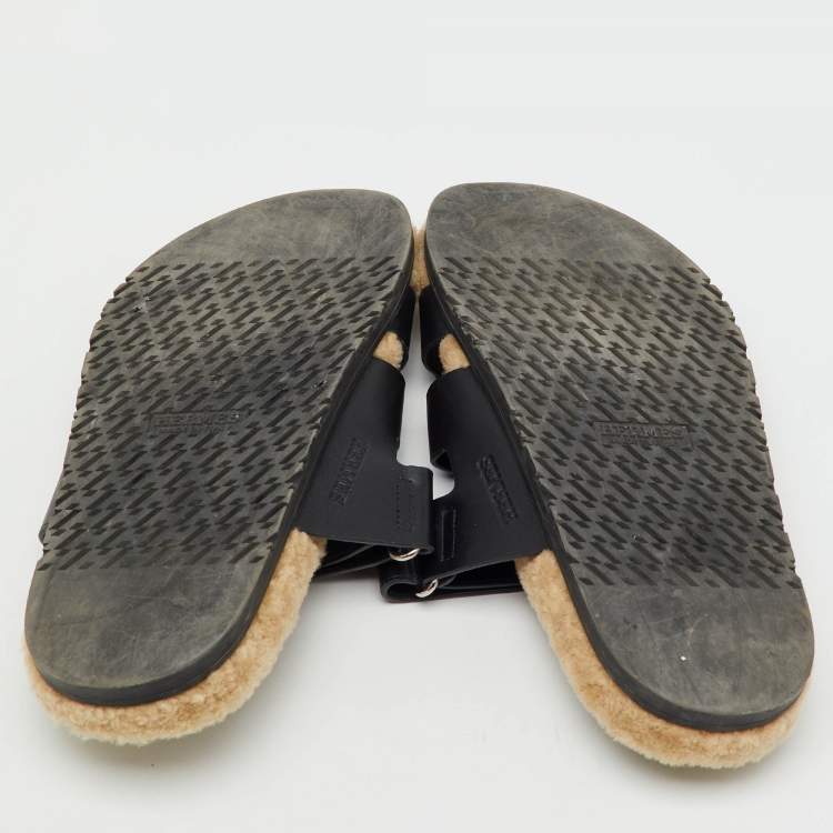 Pre Owned Hermes Black Leather Chypre Shearling Fur Flat Sandals Size 43