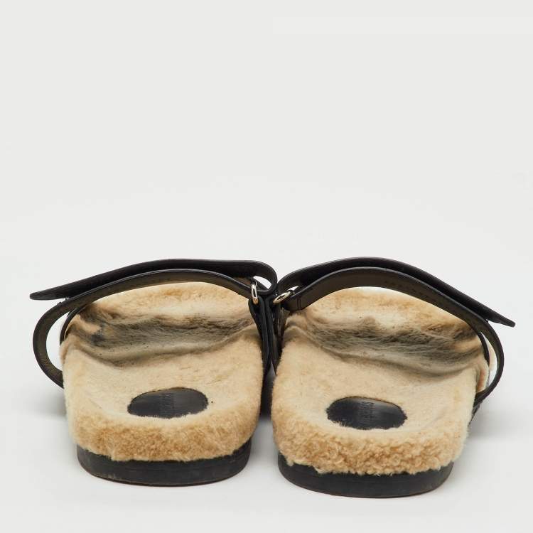 Pre Owned Hermes Black Leather Chypre Shearling Fur Flat Sandals Size 43