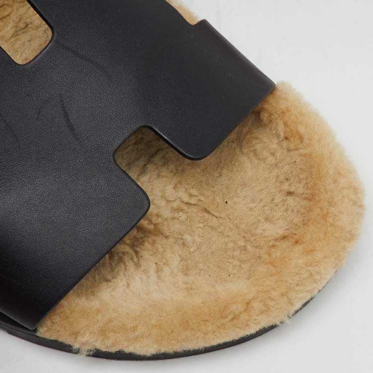 Pre Owned Hermes Black Leather Chypre Shearling Fur Flat Sandals Size 43