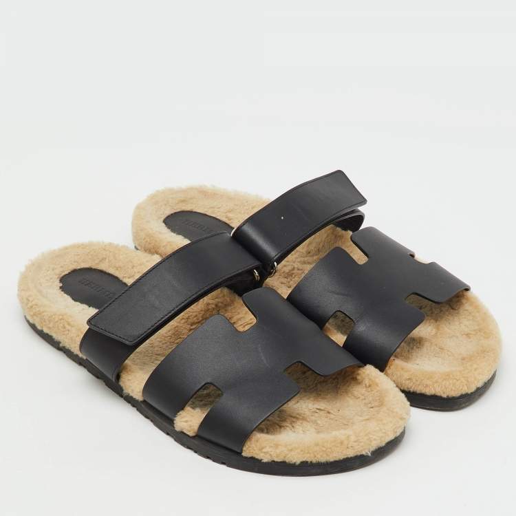 Pre Owned Hermes Black Leather Chypre Shearling Fur Flat Sandals Size 43