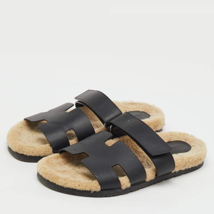 Pre Owned Hermes Black Leather Chypre Shearling Fur Flat Sandals Size 43