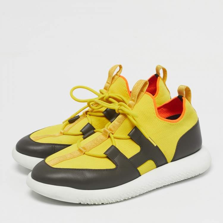 Pre Owned Hermes Yellow Knit Fabric and Leather Duel Athletic Low Top Sneakers Size 43