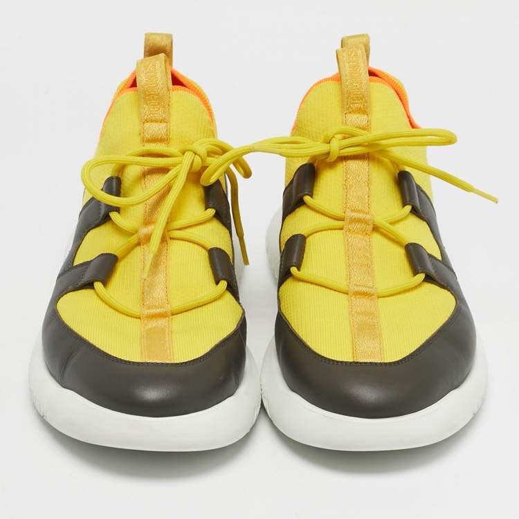 Pre Owned Hermes Yellow Knit Fabric and Leather Duel Athletic Low Top Sneakers Size 43