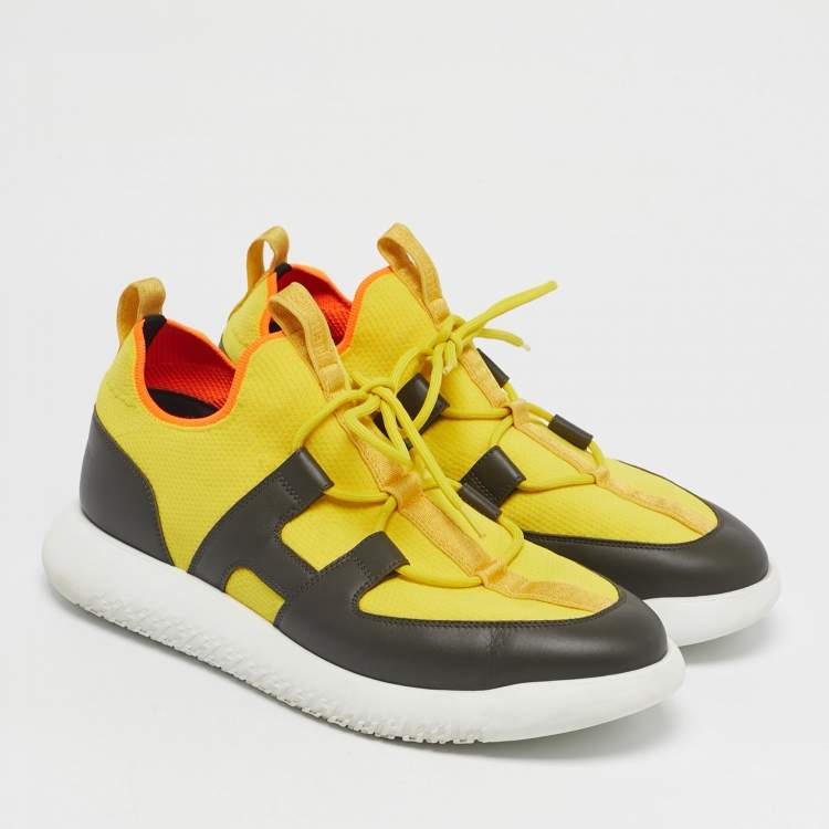 Pre Owned Hermes Yellow Knit Fabric and Leather Duel Athletic Low Top Sneakers Size 43