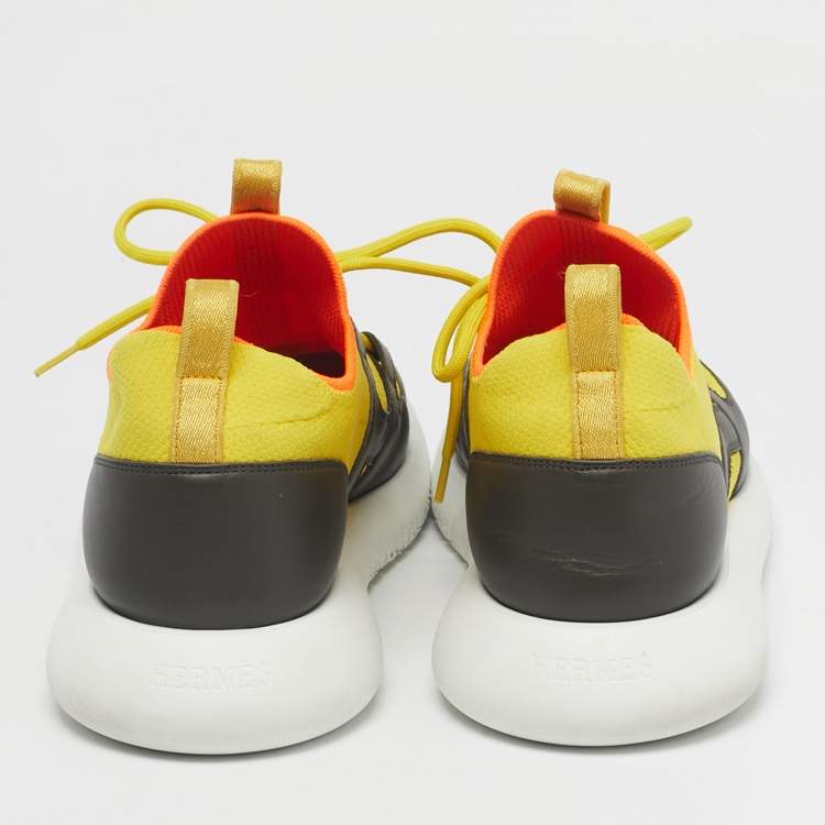 Pre Owned Hermes Yellow Knit Fabric and Leather Duel Athletic Low Top Sneakers Size 43
