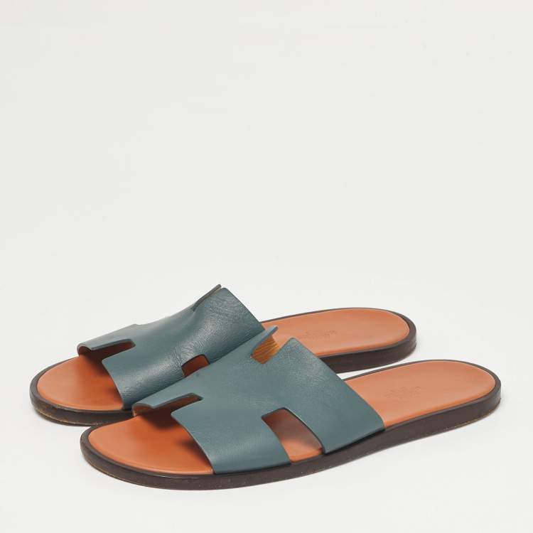 Pre Owned Hermes Blue Leather Izmir Flat Slide Sandals Size 43.5