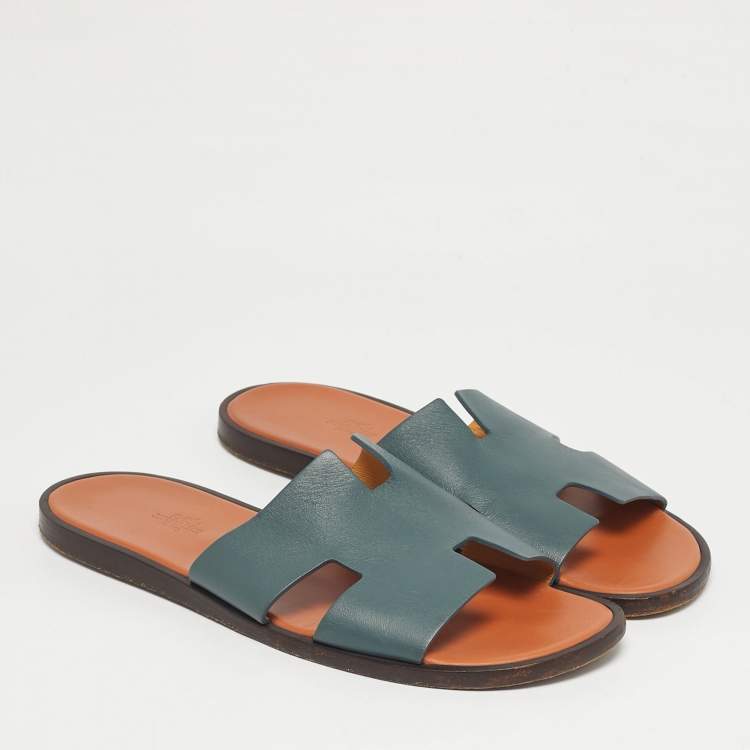 Pre Owned Hermes Blue Leather Izmir Flat Slide Sandals Size 43.5