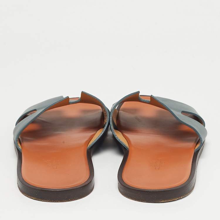 Pre Owned Hermes Blue Leather Izmir Flat Slide Sandals Size 43.5