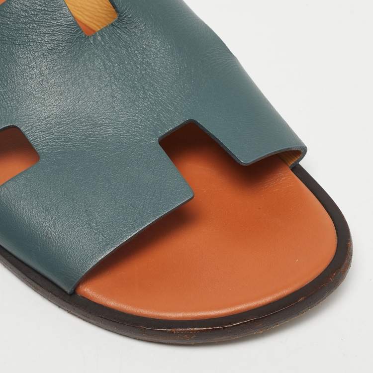 Pre Owned Hermes Blue Leather Izmir Flat Slide Sandals Size 43.5