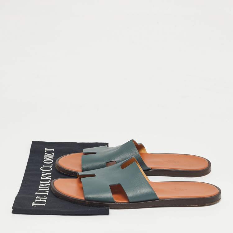 Pre Owned Hermes Blue Leather Izmir Flat Slide Sandals Size 43.5