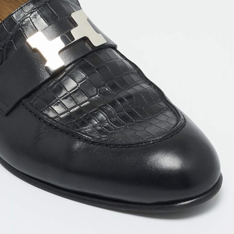 Pre Owned Hermes Black Crocodile Leather and Leather Loafers Size 41.5