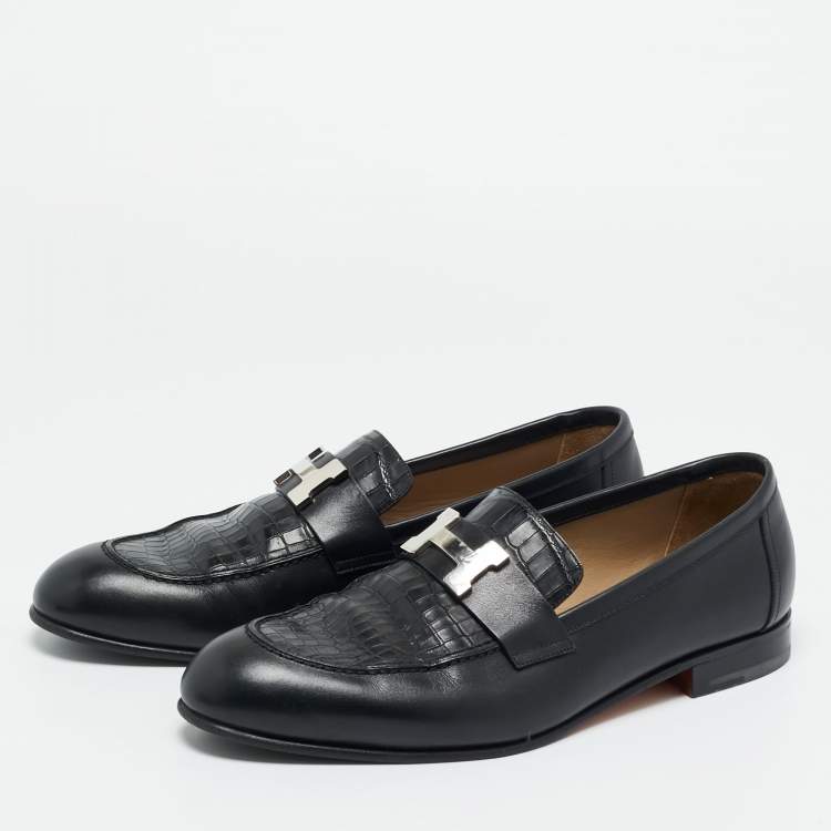 Pre Owned Hermes Black Crocodile Leather and Leather Loafers Size 41.5