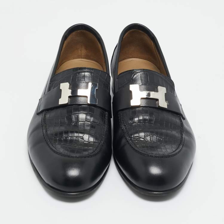 Pre Owned Hermes Black Crocodile Leather and Leather Loafers Size 41.5