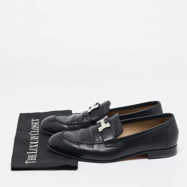 Pre Owned Hermes Black Crocodile Leather and Leather Loafers Size 41.5
