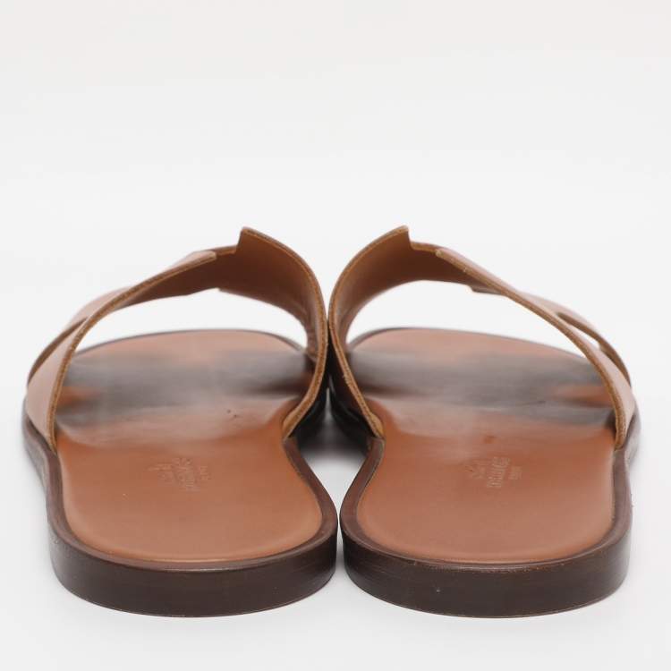 Pre Owned Hermes Brown Leather Izmir Slides Size 43