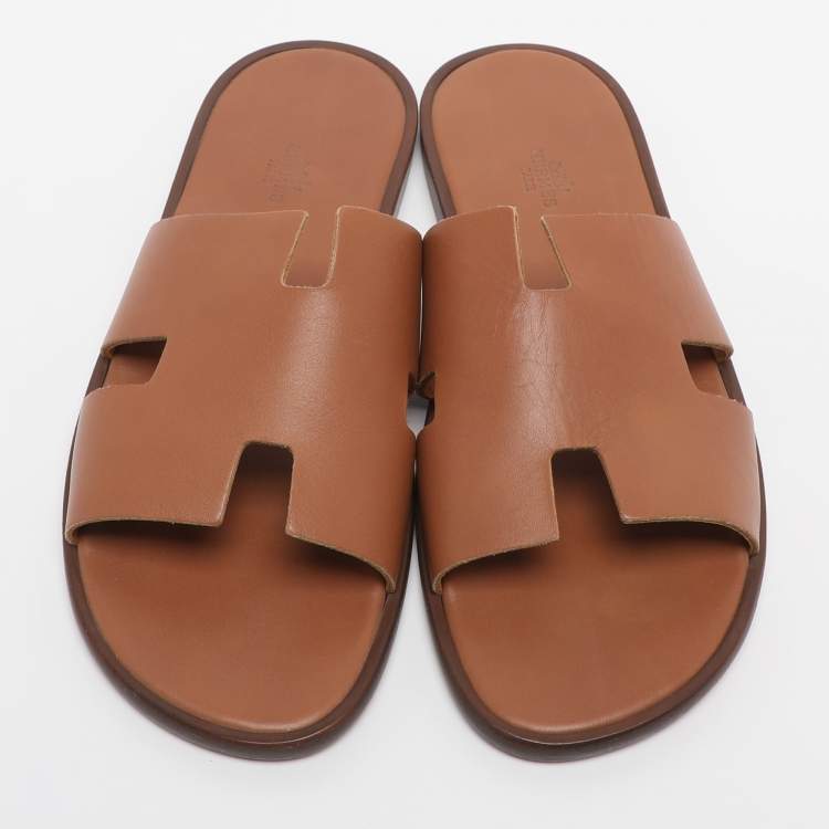 Pre Owned Hermes Brown Leather Izmir Slides Size 43