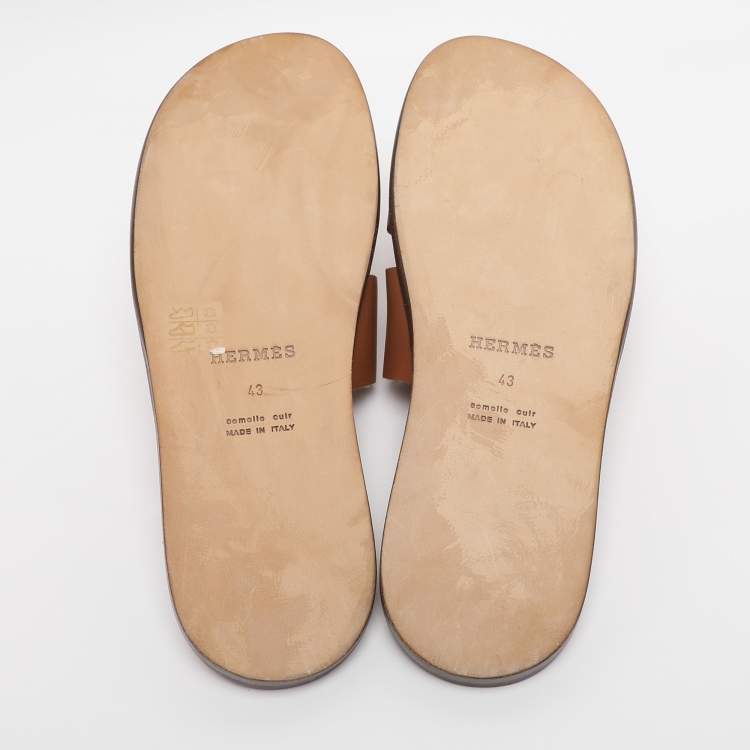 Pre Owned Hermes Brown Leather Izmir Slides Size 43