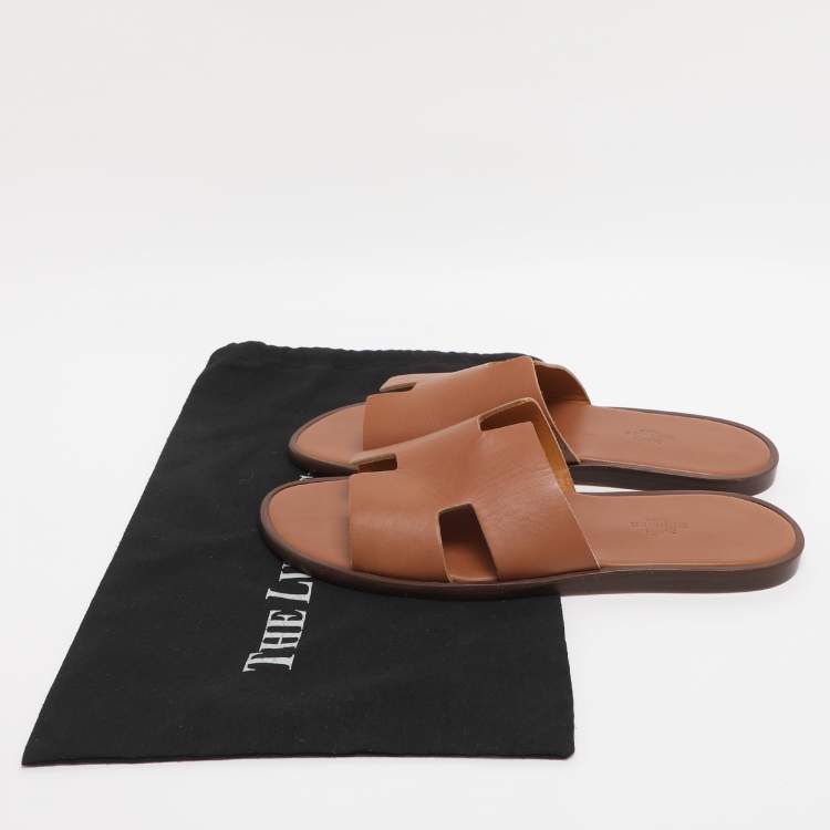 Pre Owned Hermes Brown Leather Izmir Slides Size 43
