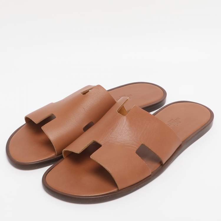 Pre Owned Hermes Brown Leather Izmir Slides Size 43