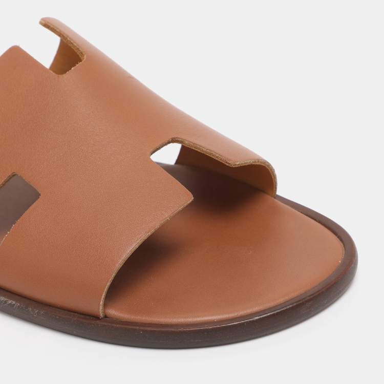 Pre Owned Hermes Brown Leather Izmir Slides Size 43