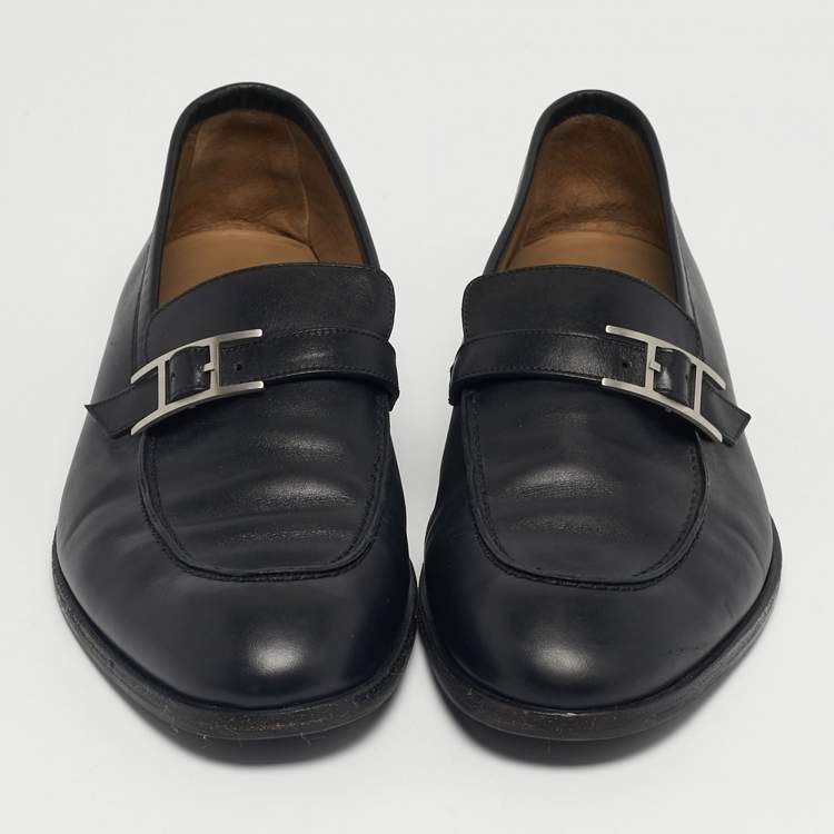 Pre Owned Hermes Black Leather Monterey Loafers Size 41.5
